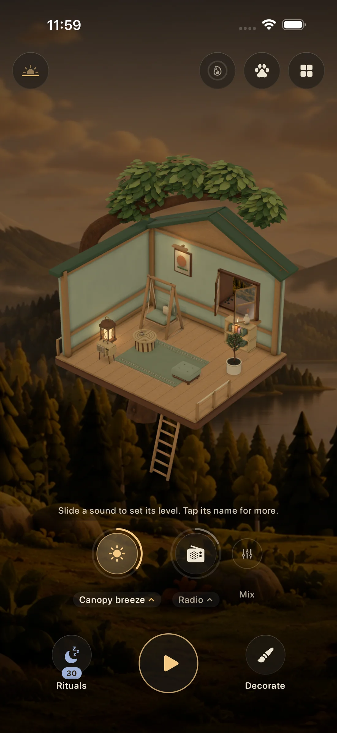 A warm miniature treehouse with a chair, lantern and open window in Treehouse.